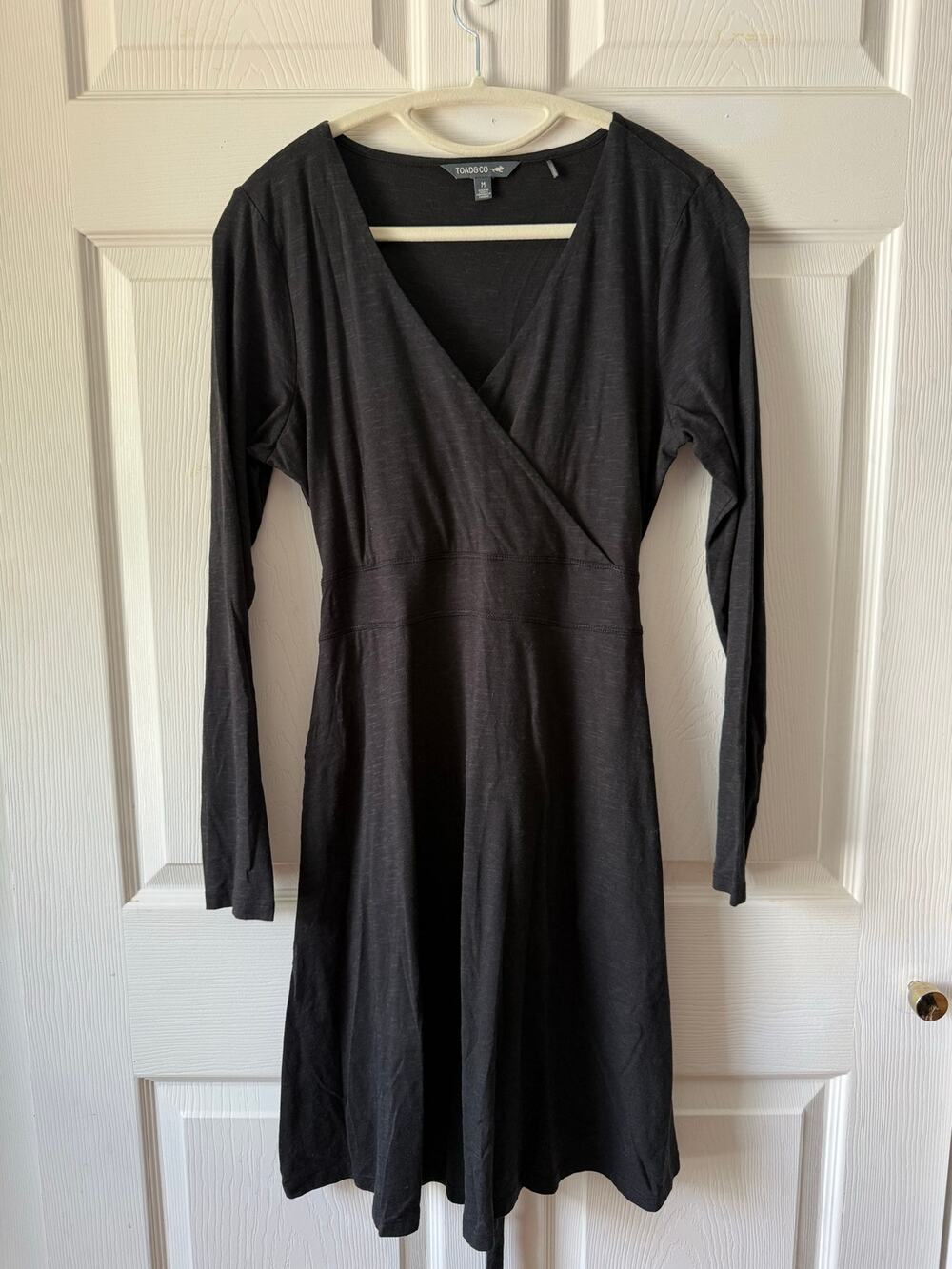 Toad & Co Black Heathered Faux Wrap Dress Tie Back Pockets Tencel Size M Granola